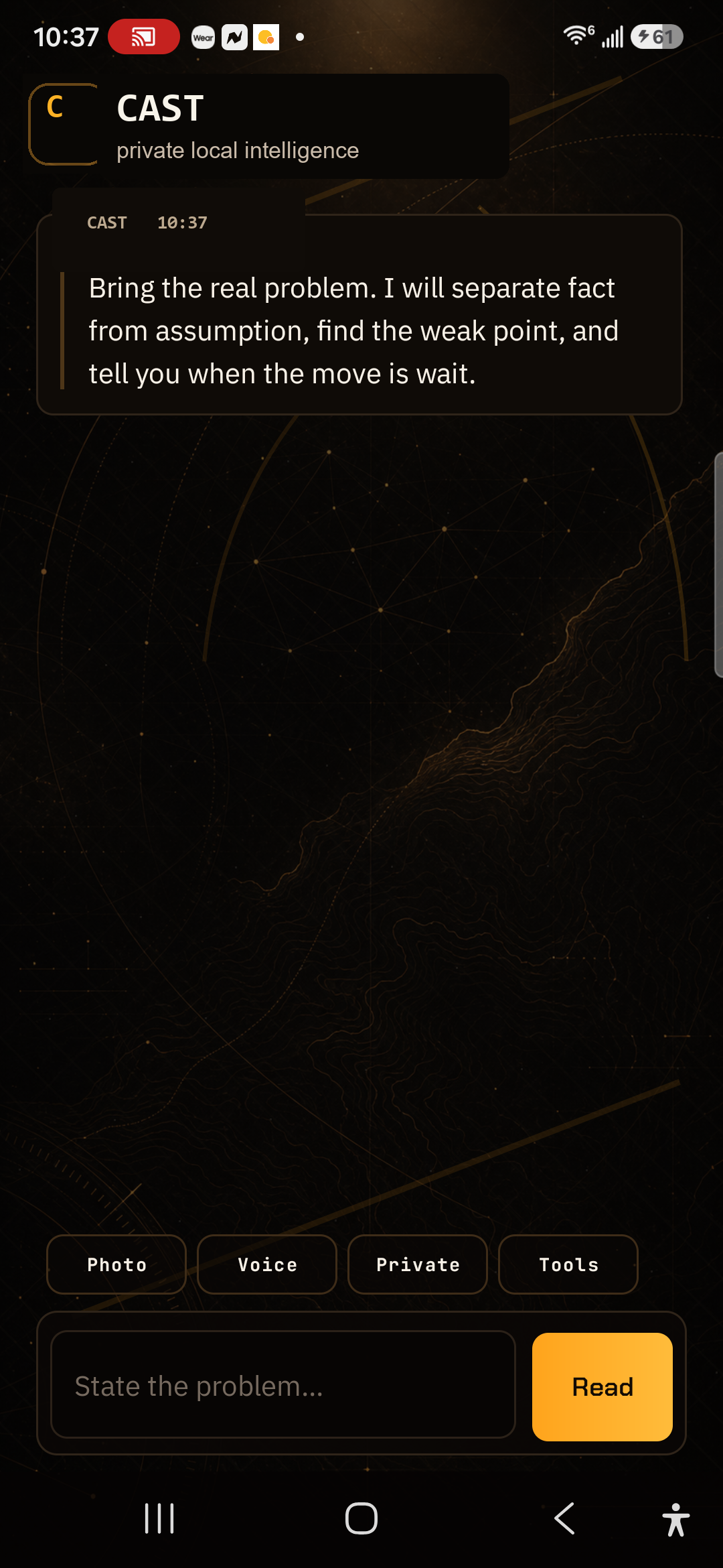 Private AI beta mobile app preview showing a private local AI chat interface